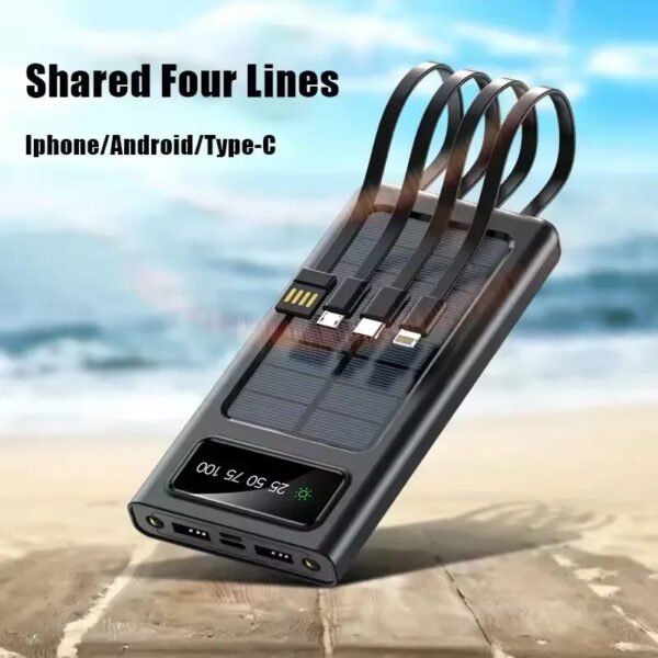 Batterie Externe Solaire avec Charge Rapide et 4 Câbles Intégrés